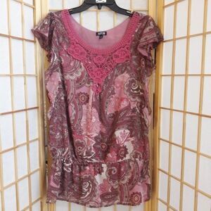 Apt 9 Paisley Peplum Lined Crochet Ruffle Blouse